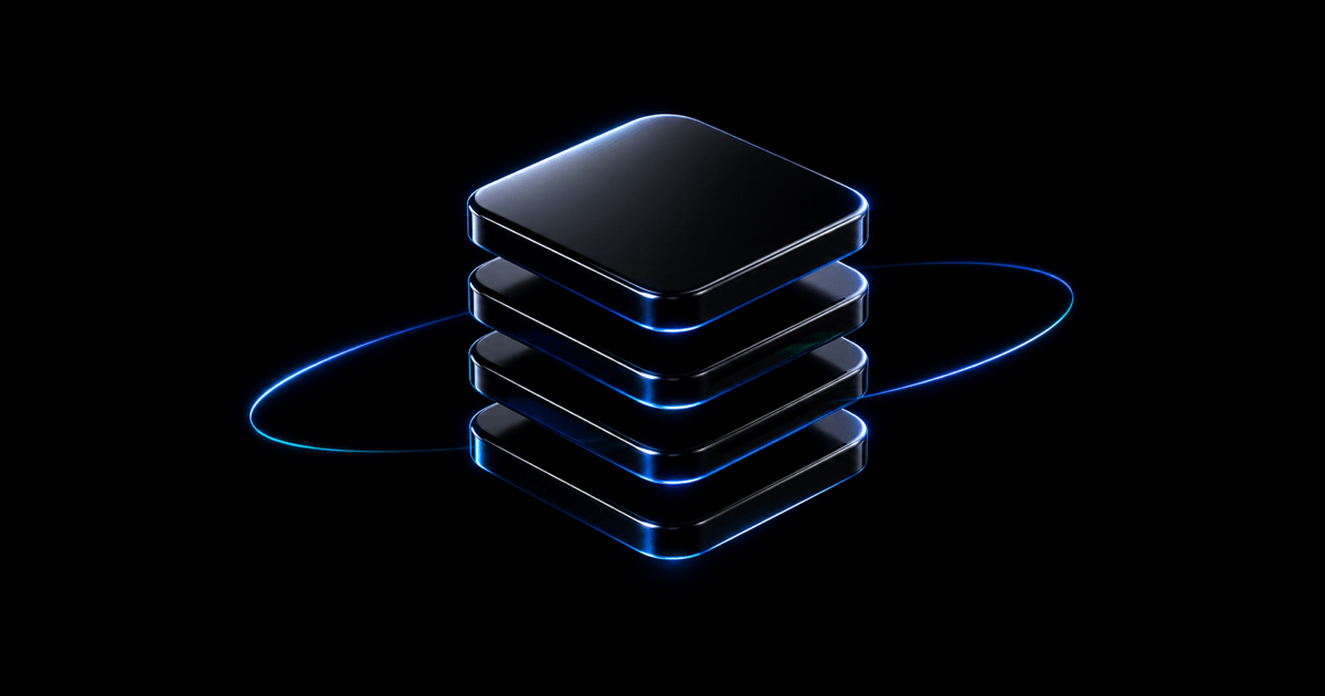 Stack of glossy black slabs ringed by blue light orbits on a dark background, evoking layered product infrastructure.