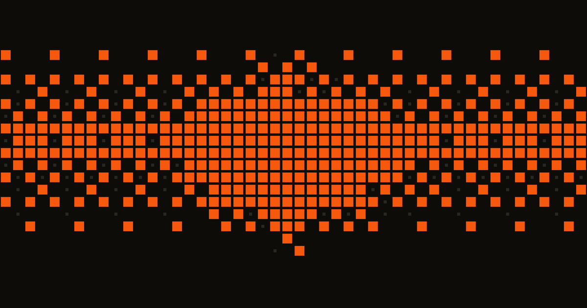 A dense field of orange dither squares blooming outward on a near-black background — the generative visual from the ACID·01 browser synth.