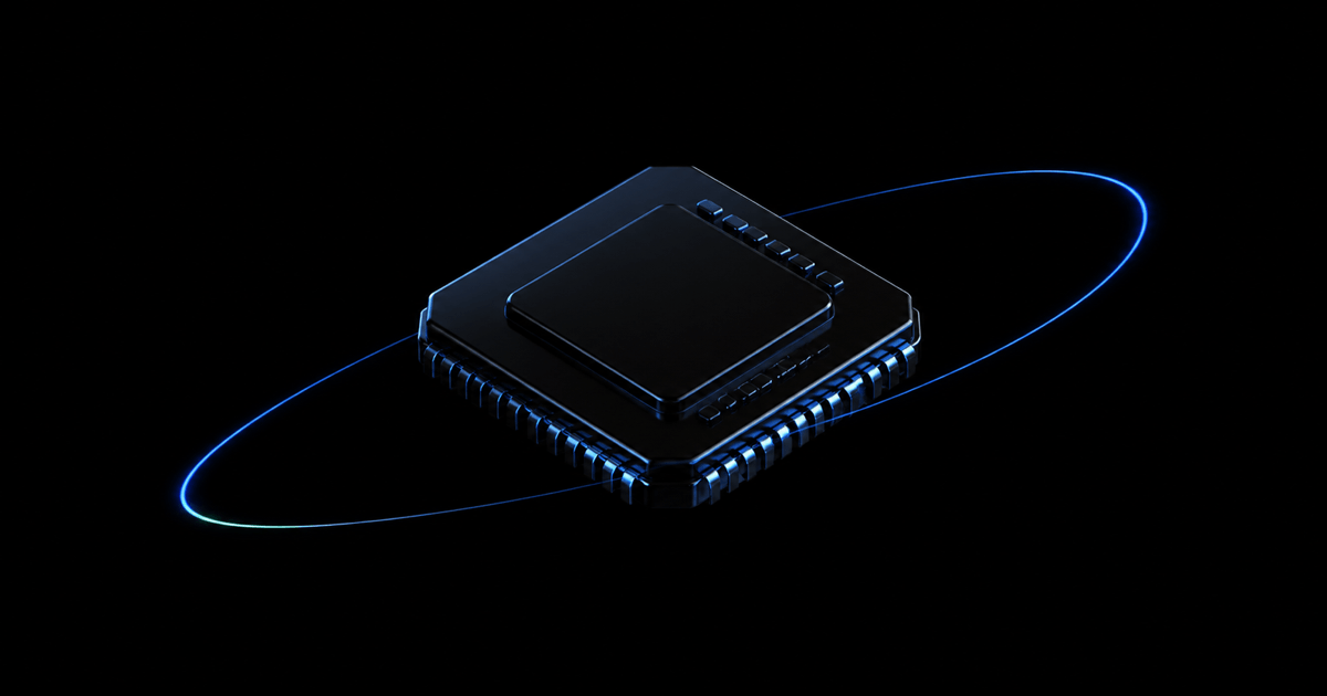 Glossy black microchip ringed by blue orbital light on a dark background, evoking AI computation framed by clear boundaries.