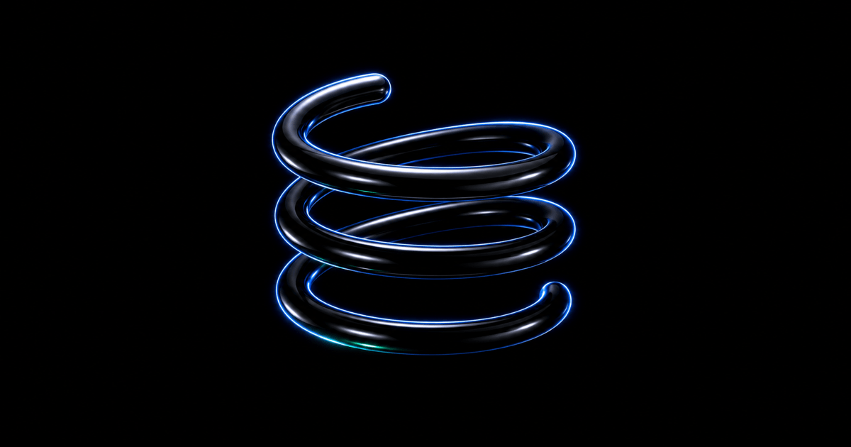 Glossy black spiral coil ringed by blue light on a dark background, evoking a continuous feedback loop.