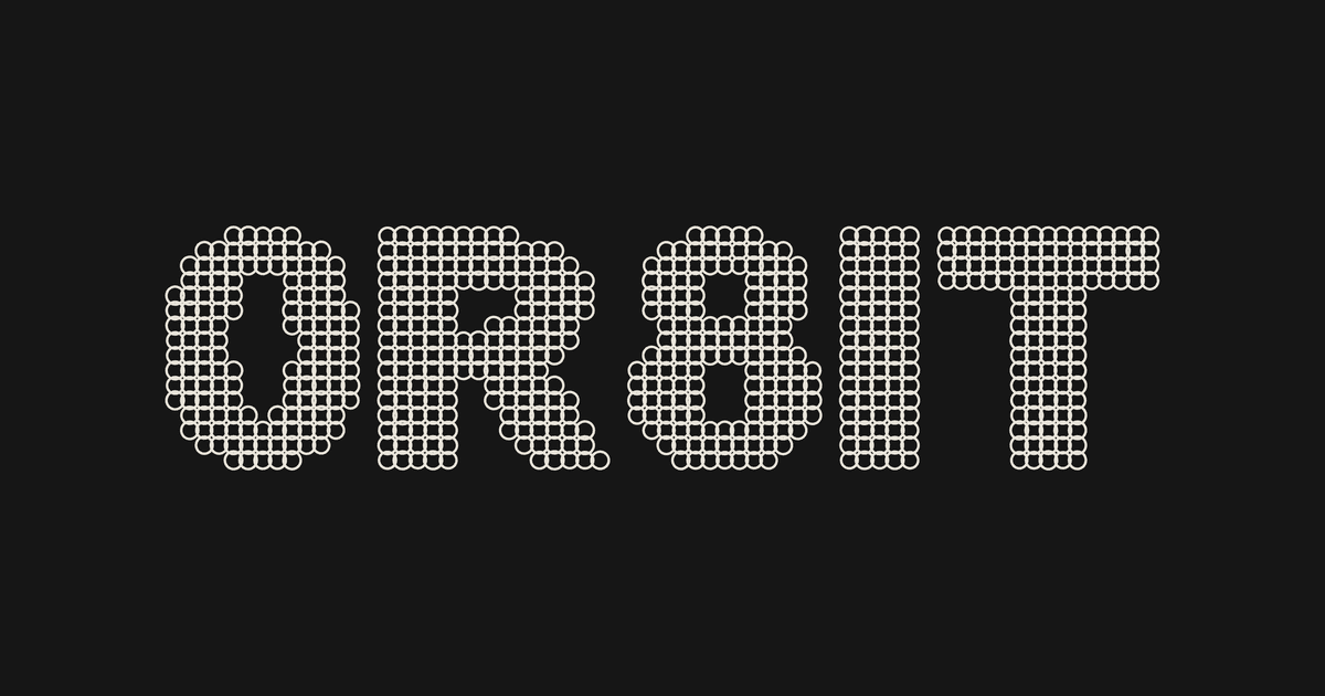 The word ORBIT built from interlocking lace modules on a dark background, a modular type composition generated with AlgoType.