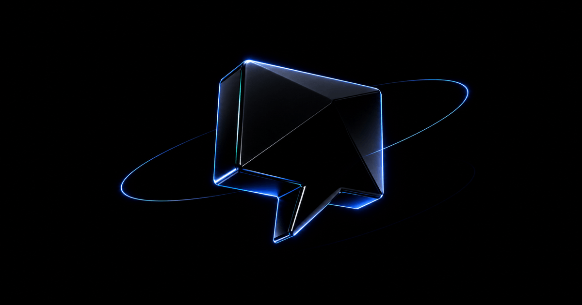 Faceted glossy black speech bubble ringed by blue orbital light on a dark background, evoking question and answer flow.