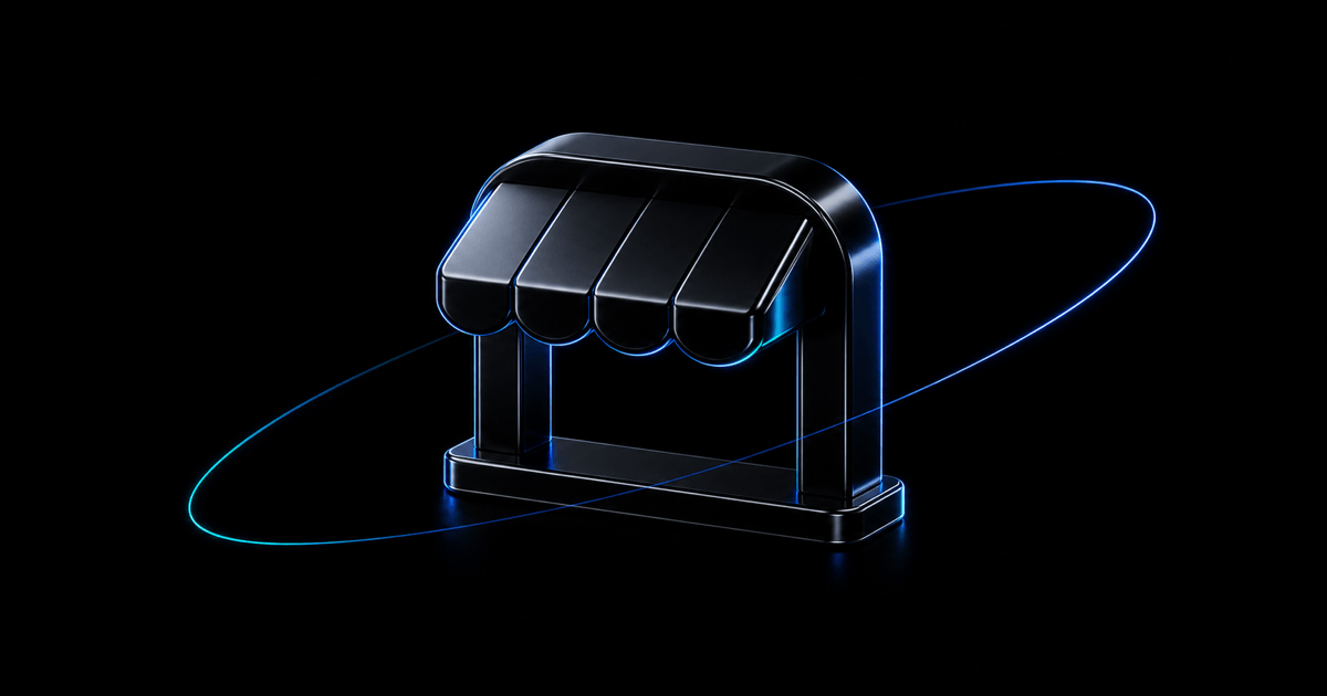 Glossy black storefront icon with blue orbit lines on a dark background, representing ecommerce checkout recovery.