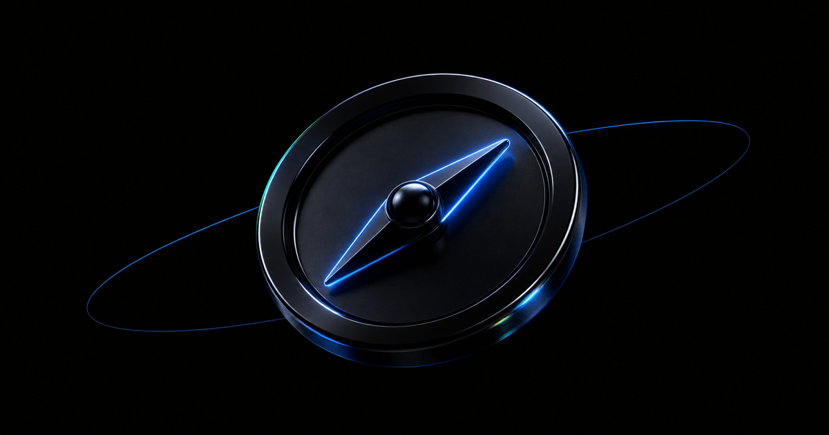 Glossy black compass with electric blue orbit lines representing cognitive accessibility in conversational interfaces.