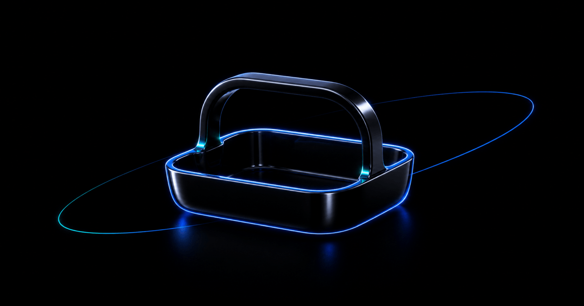 Glossy black shopping basket ringed by blue orbital light on a dark background, an abstract symbol of ecommerce decision-making.