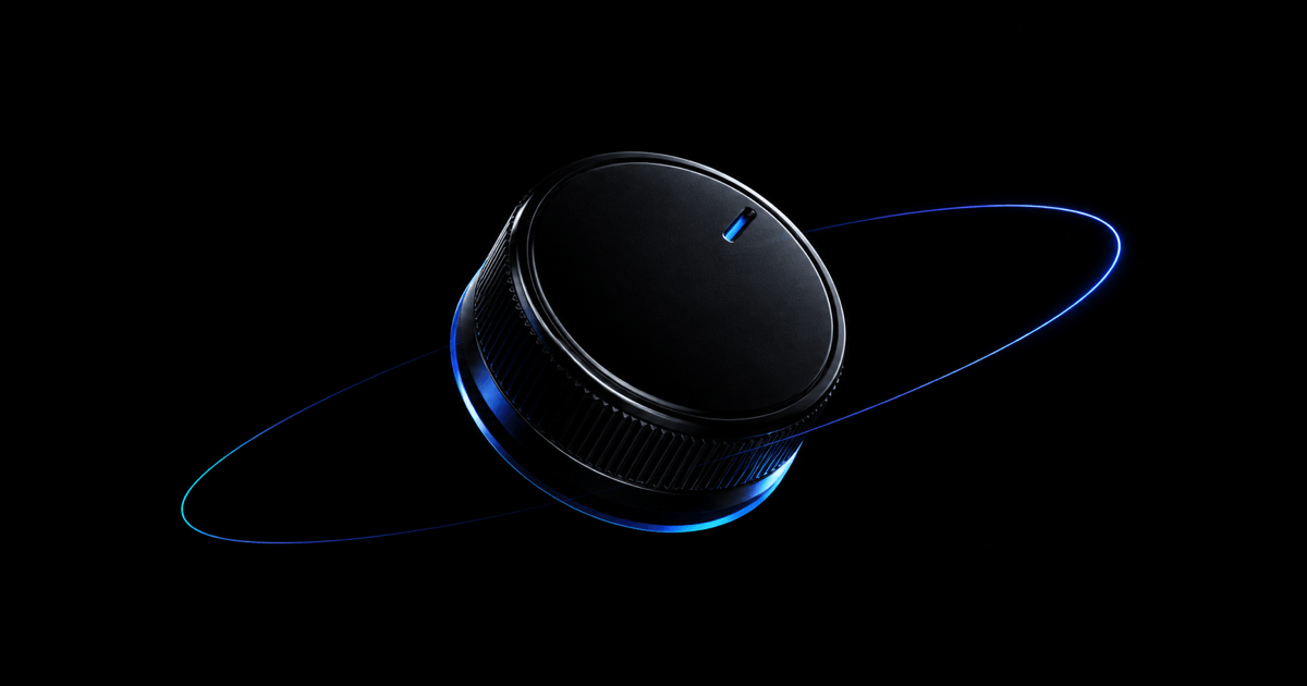 Glossy black control dial with a blue indicator ringed by orbital light on a dark background, evoking calibration of product adoption levers.
