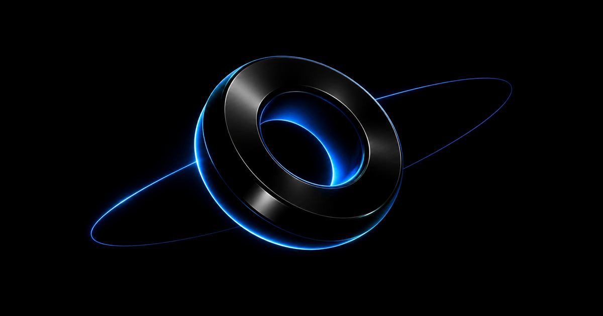 Glossy black torus circled by blue orbital light on a dark background, evoking budget and scope cycles.
