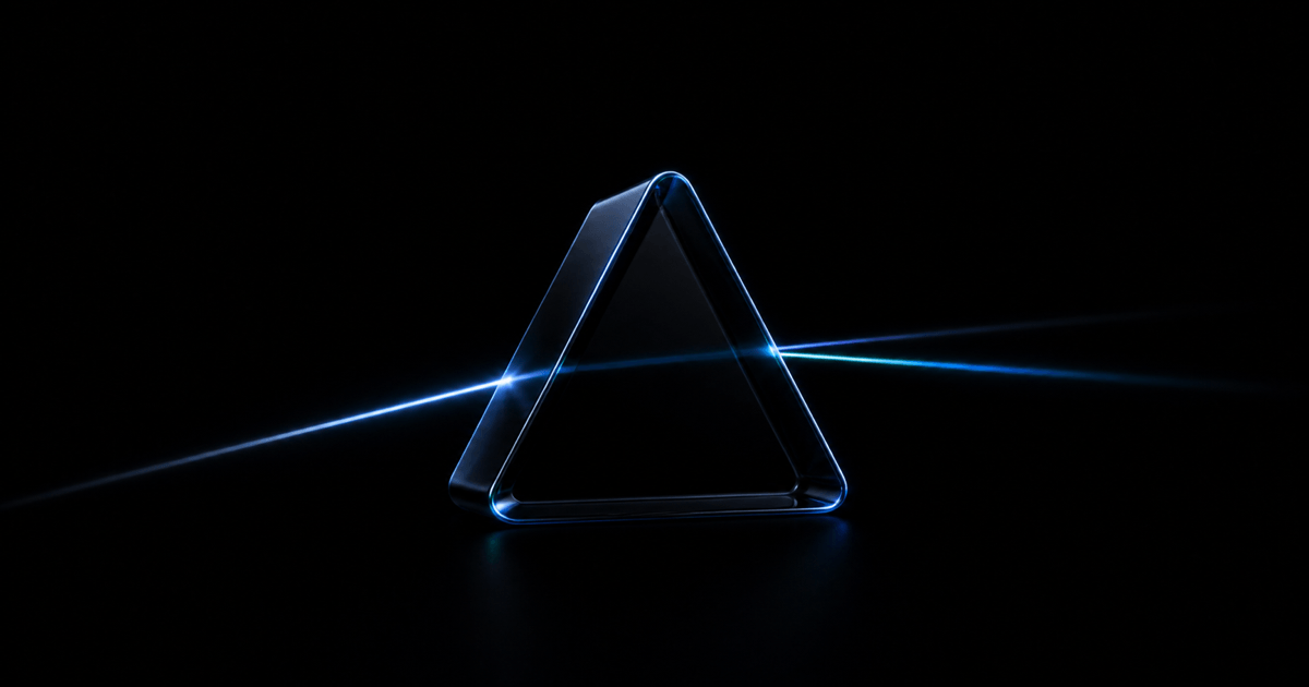 Glassy black triangular prism splitting a blue light beam on a dark background, evoking discovery synthesized into structured product memory.