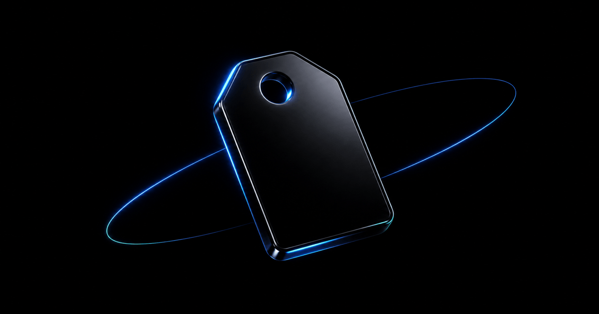 Glossy black price tag ringed by blue orbital light on a dark background, an abstract symbol of SaaS pricing decisions.