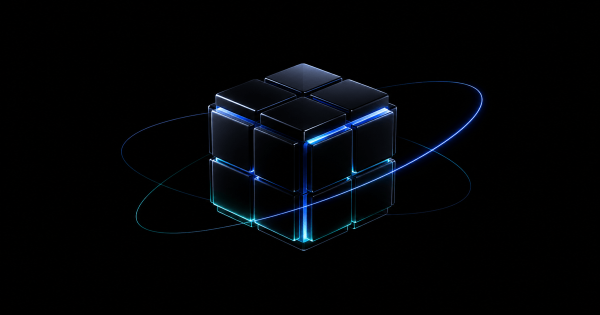 Black 3D cube split by glowing blue seams, suggesting modular API architecture for agentic workflows.