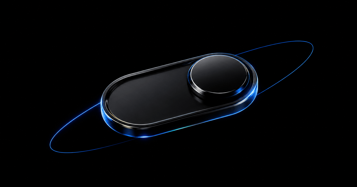 Glossy black toggle switch with blue orbit lines on a dark background, representing logged design-system exceptions.