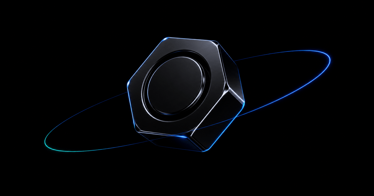 Glossy black hexagonal control object with blue orbit lines on a dark background, representing permission matrices as a product surface.