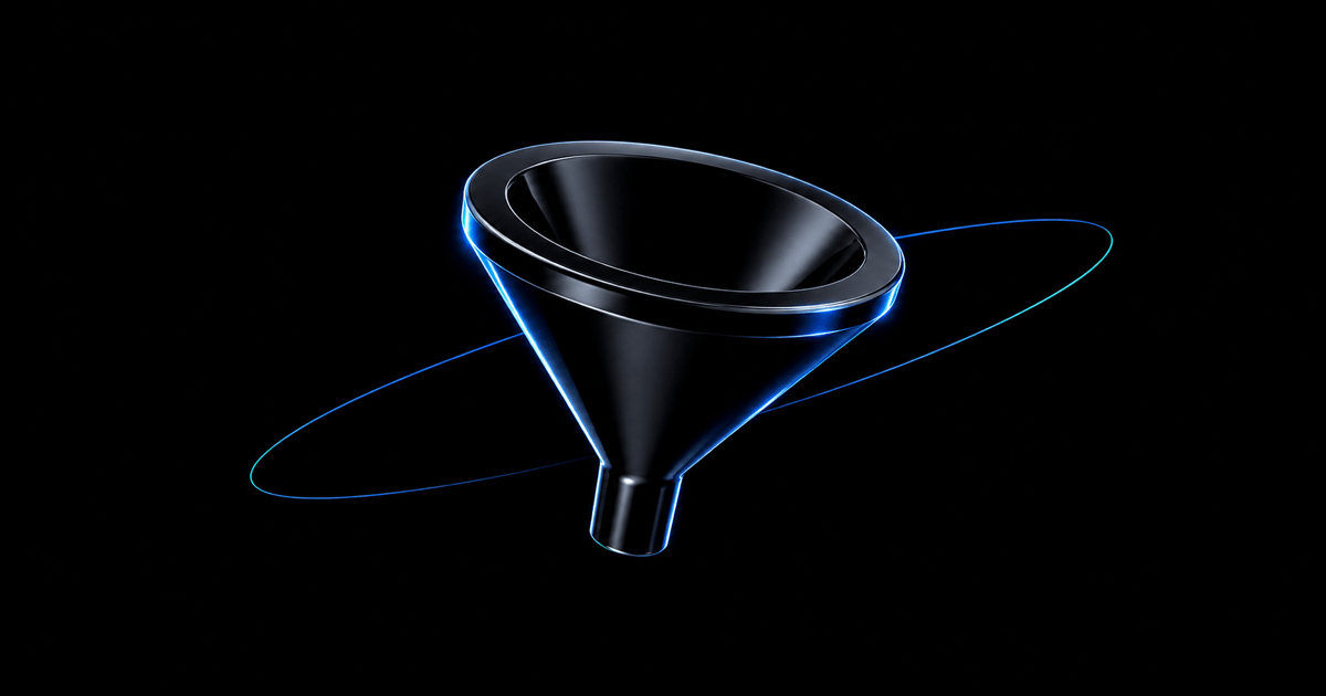 Glossy black funnel outlined in blue light on a dark background, representing commerce filters and product taxonomy.